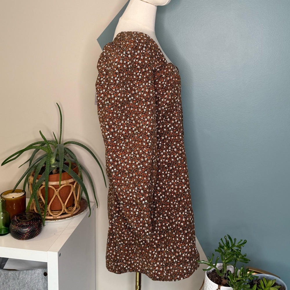 Free People Clementine Corduroy Mini Dress Brown Floral Puff Sleeve Size 10 NWT - Picture 4 of 13